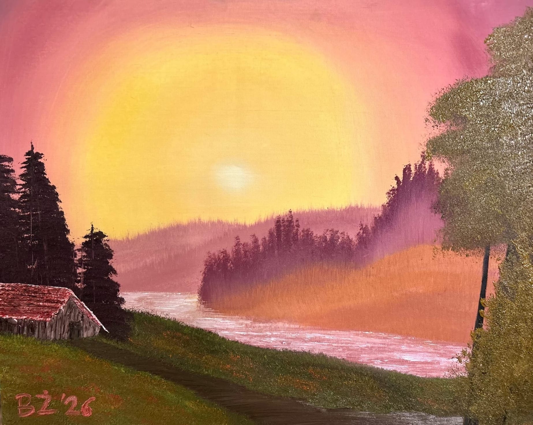 Zachód słońca nad rzeką - oil od BartekZm - ArtBoard