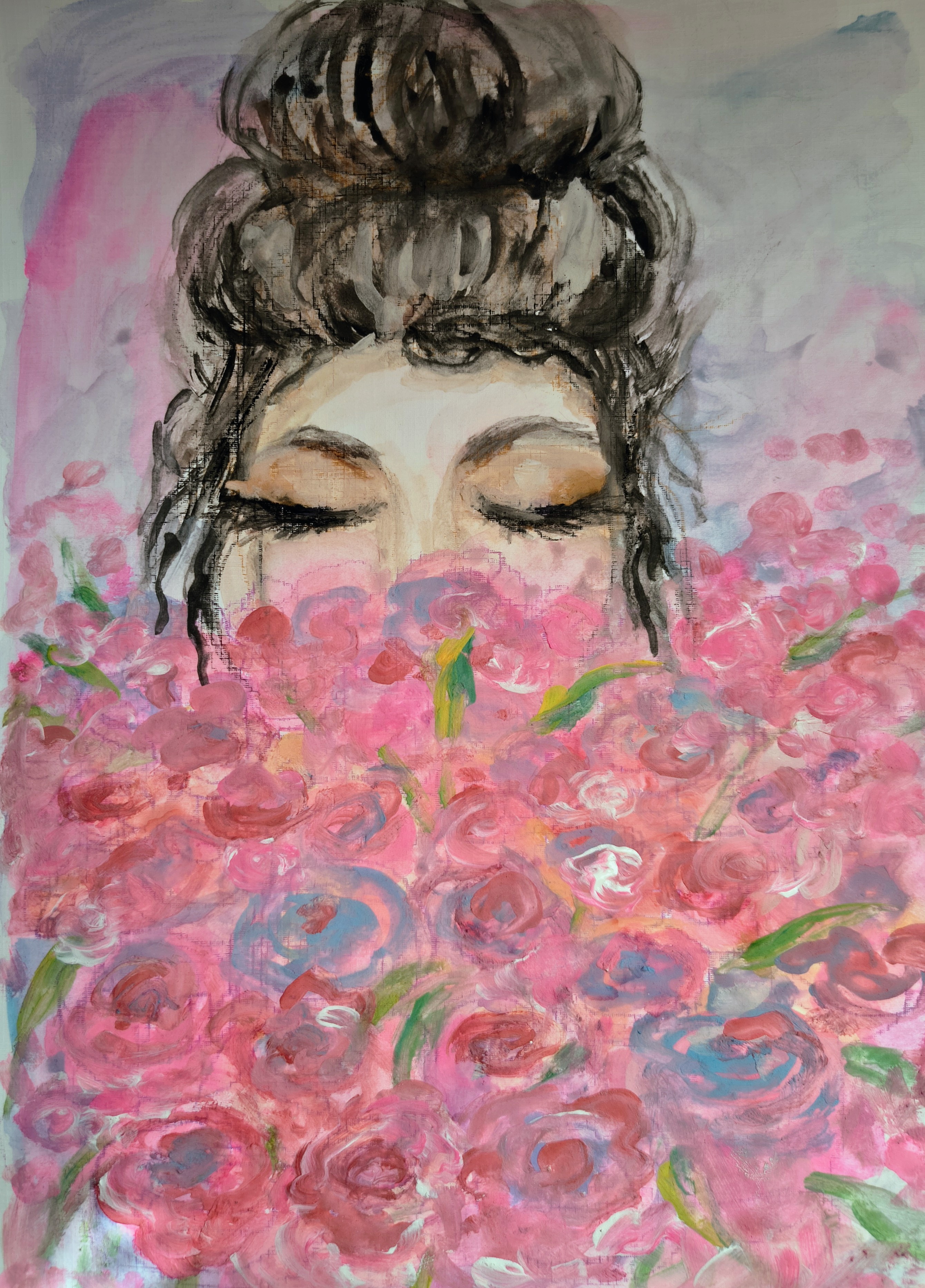 Akwarela Glamour Kobieta i Róże - Farby akwarelowe od ArtMagdalena - ArtBoard