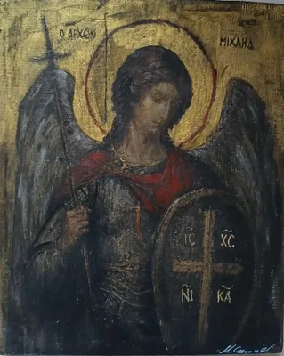 Archanioł Michał - farba akrylowa, złoto 24k, złocenia, spękania od Michał Cz. - ArtBoard